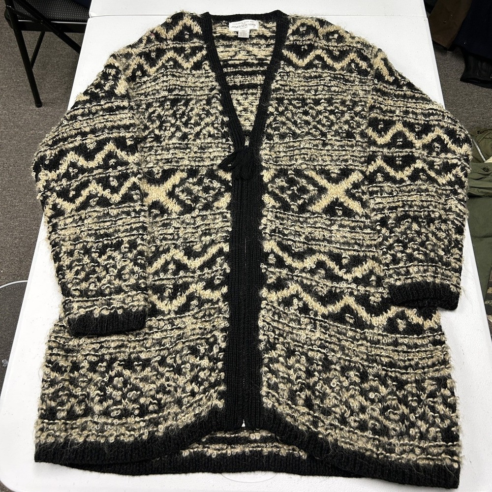 Jones New York Cardigan Women Medium Black Wool Mohair Hand Knit Zip Sweater